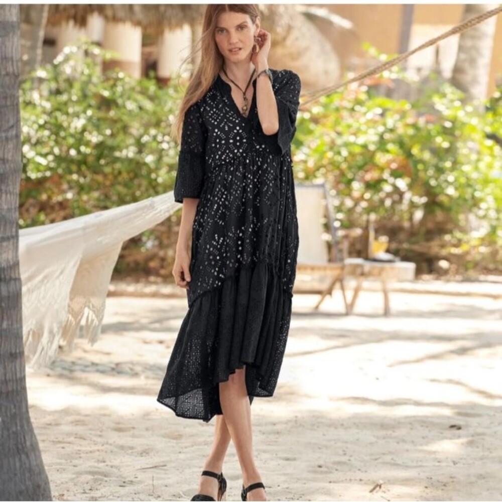 Sundance Selma Eyelet Black Embroidered Peasant Dress Women's M Feminine Boho